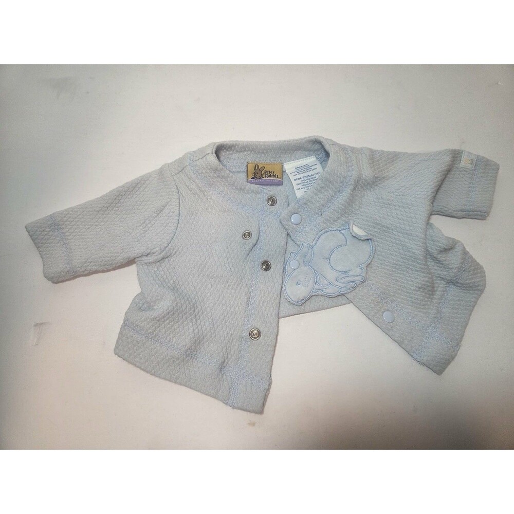 Beatrix Potter Peter Rabbit Preemie Blue Cotton Knit Snap Front Cardigan Rabbit